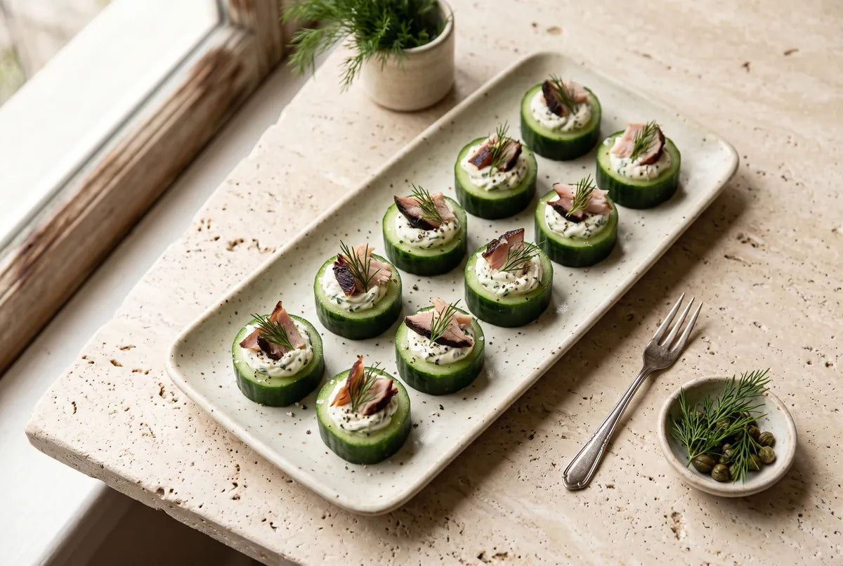 Hollowed cucumber rounds filled with soft cheese and smoked turkey.