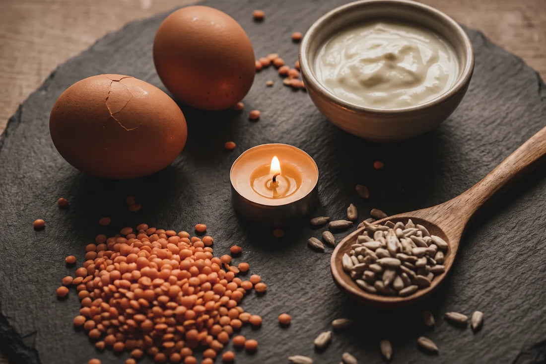 Eggs, lentils, yogurt and seeds circling a small candle flame on dark slate