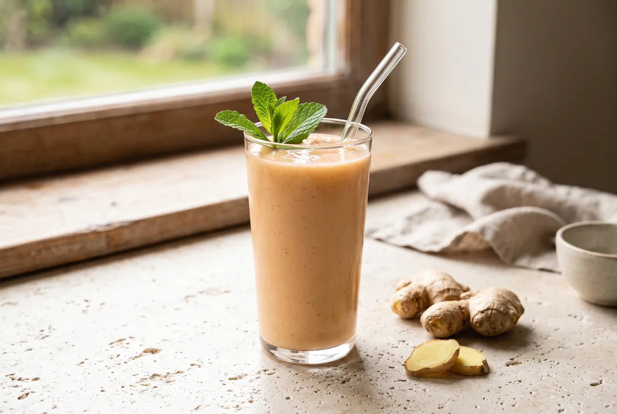 Papaya, peach and pear smoothie with ginger, mint and probiotic yogurt.