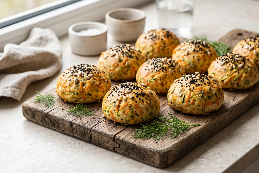 Gluten-free chickpea-buckwheat pogaca packed with grated vegetables, seeds and dill.
