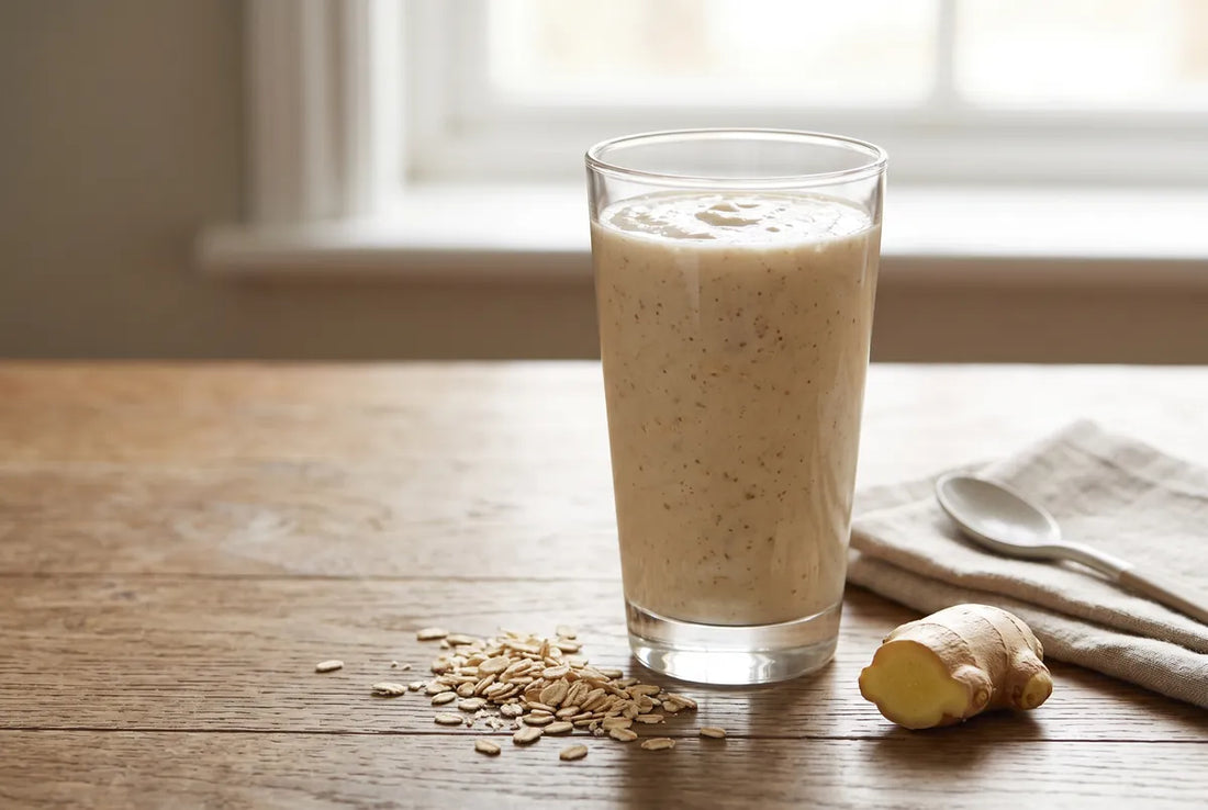 Creamy oat, pear and banana breakfast smoothie with fresh ginger.