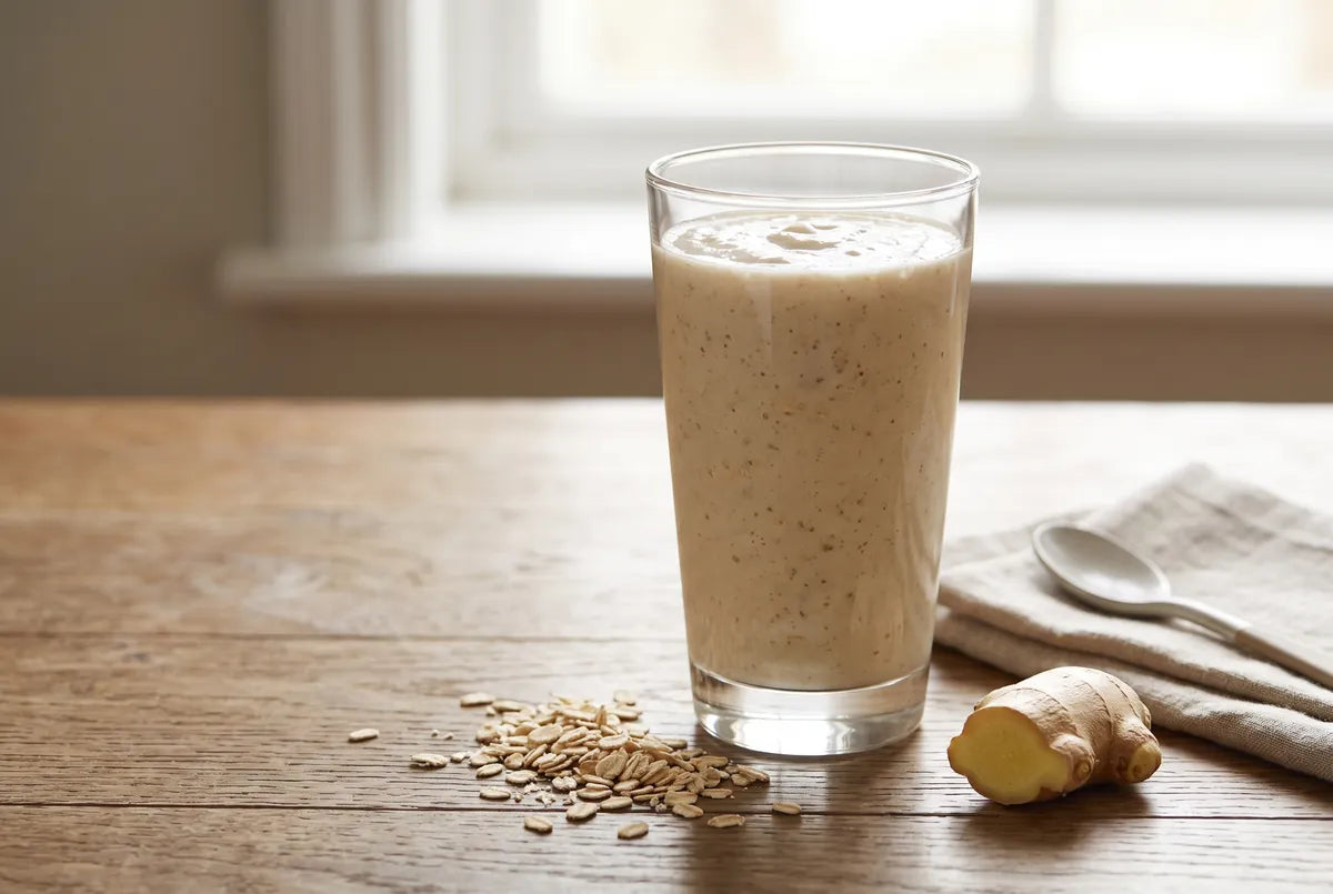 Creamy oat, pear and banana breakfast smoothie with fresh ginger.