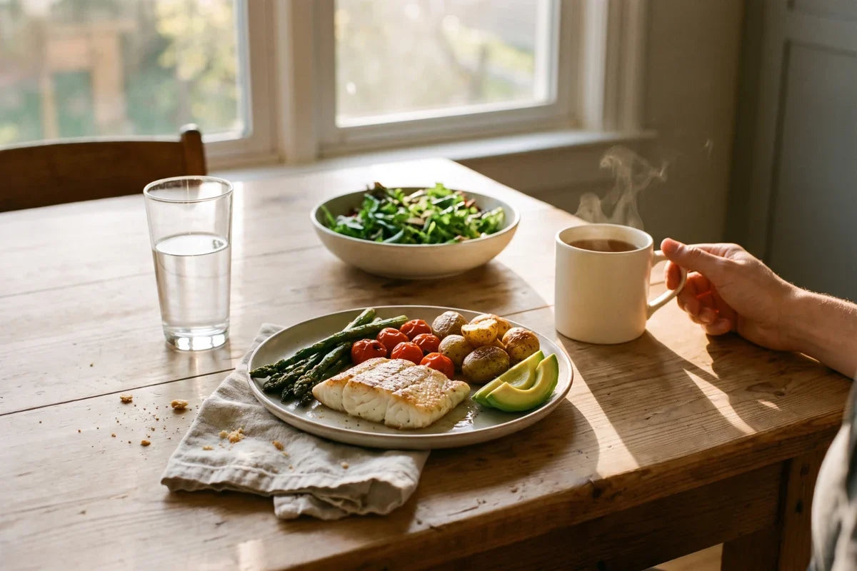 A light early dinner of fish, seasonal vegetables and avocado by soft evening window light.