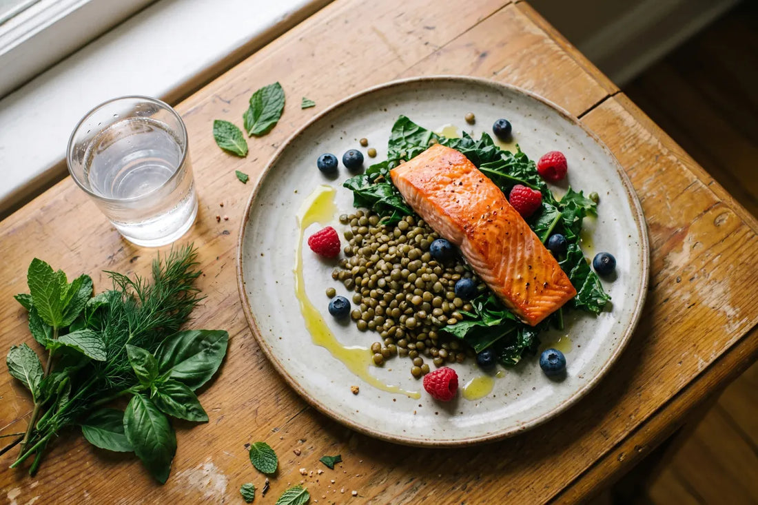 Colourful anti-inflammatory plate of leafy greens, salmon, pulses and berries on a calm kitchen table