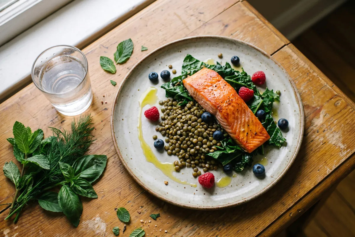 Colourful anti-inflammatory plate of leafy greens, salmon, pulses and berries on a calm kitchen table