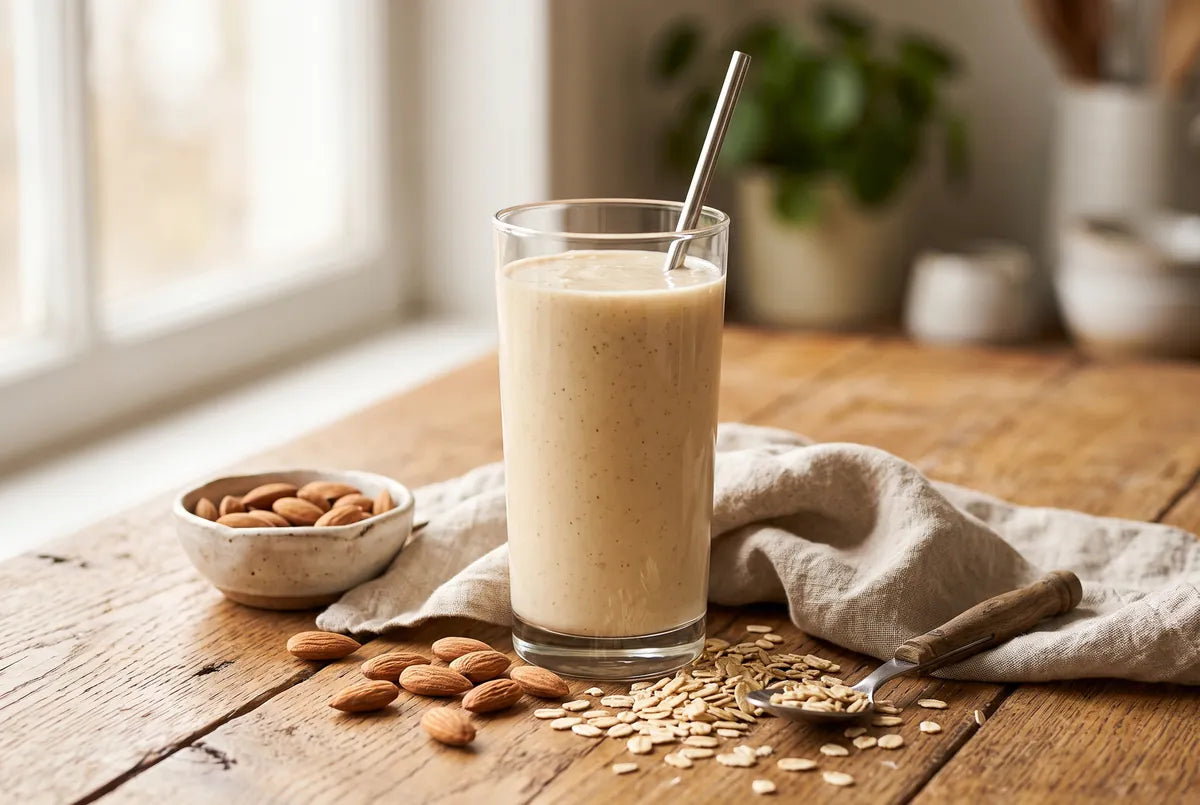 Hearty banana, almond and oat smoothie for a grab-and-go breakfast.