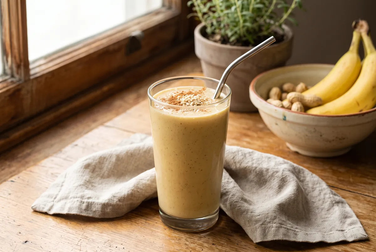 Banana and peanut butter protein smoothie with wheat germ and cinnamon.