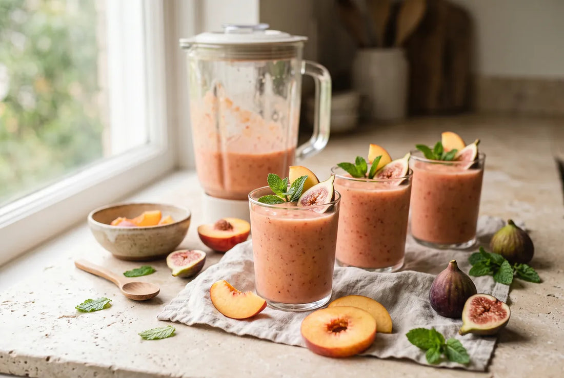 Summer smoothie of fig, peach, banana, parsley and bee pollen over almond milk.