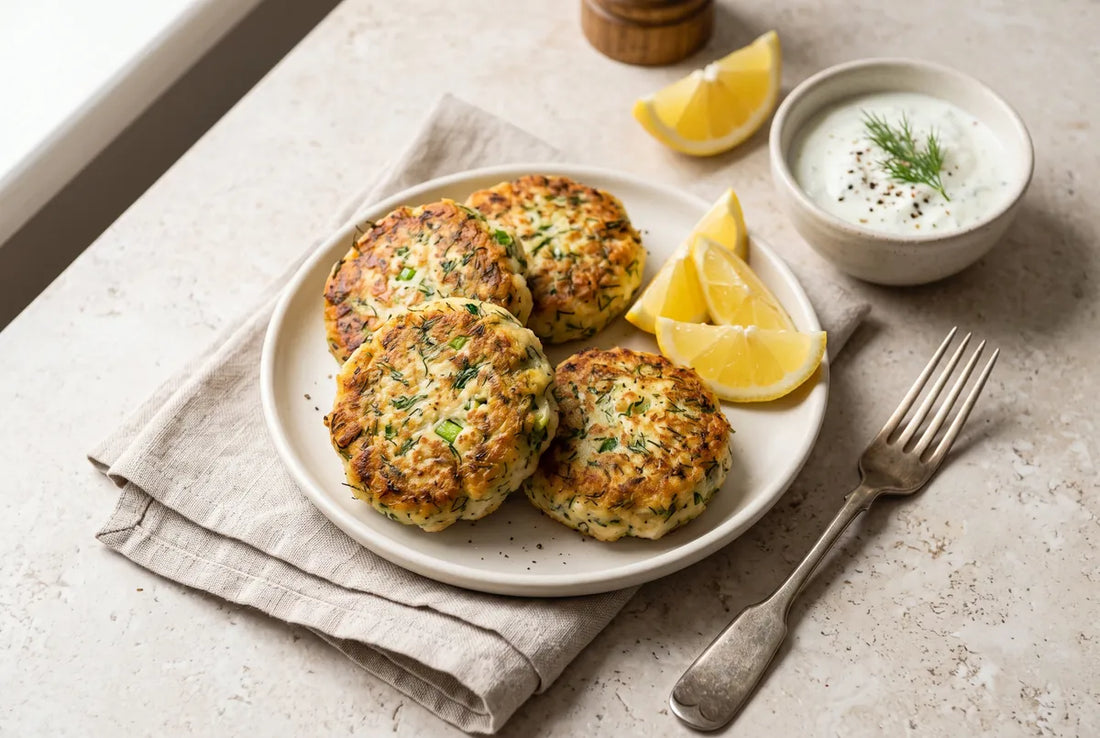 Light herby fish patties with spring onion and dill, crisp outside and tender within.