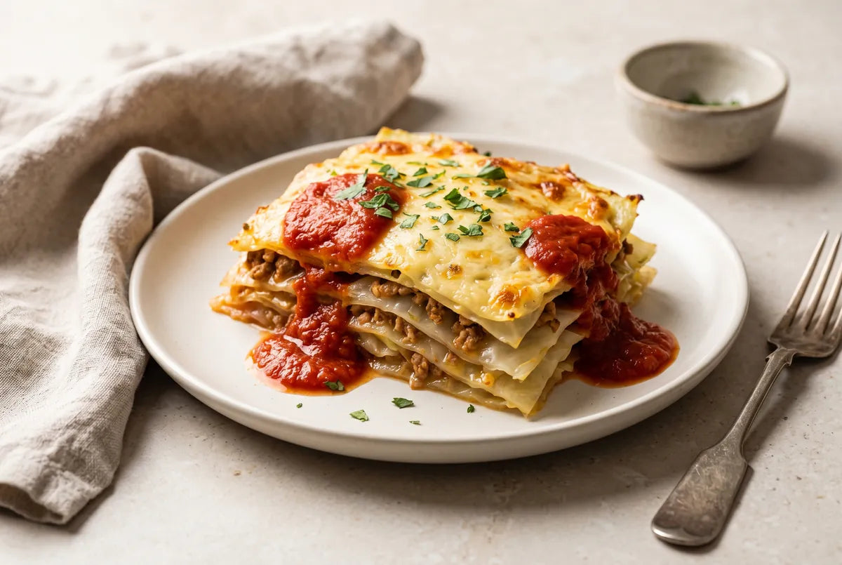 Cabbage lasagna with blanched cabbage leaves, spiced meat filling and melty cheese.