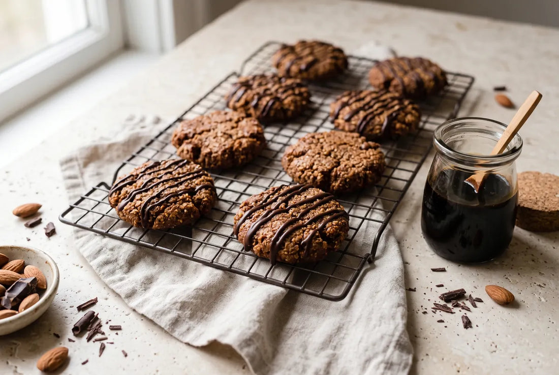 Flourless almond-tahini cookies sweetened with carob and finished with dark chocolate.
