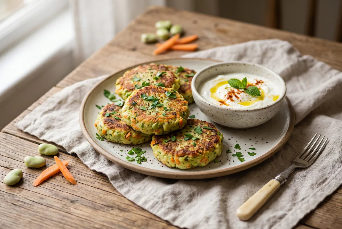 Pan-fried broad bean and carrot patties with parsley, served with yogurt.