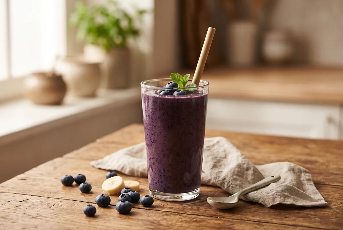 Smoothie of pineapple green tea, blueberries and banana in a tall glass.