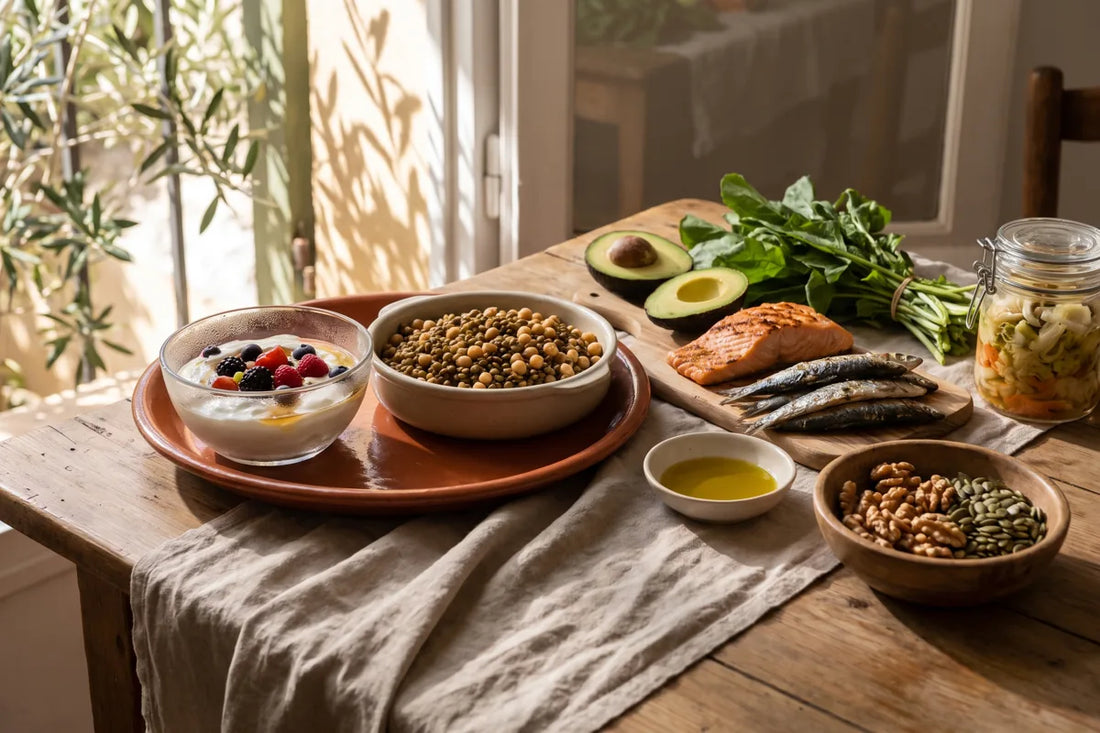 Mediterranean whole foods on terracotta: yoghurt with berries, lentils, chickpeas, salmon, sardines, avocado, olive oil and nuts