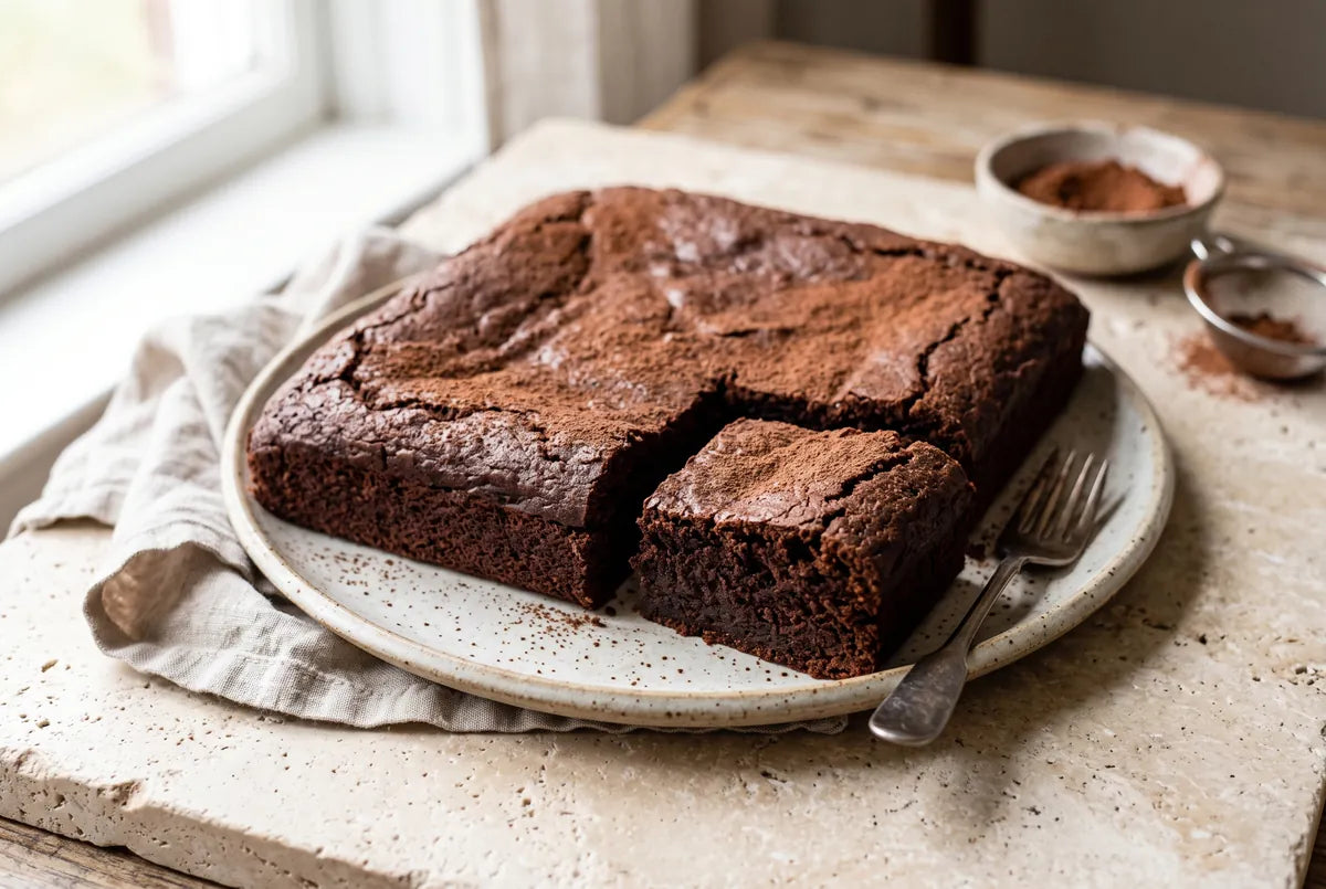 Slice of gluten-free, lactose-free chocolate cake made with almond flour and natural sweeteners.