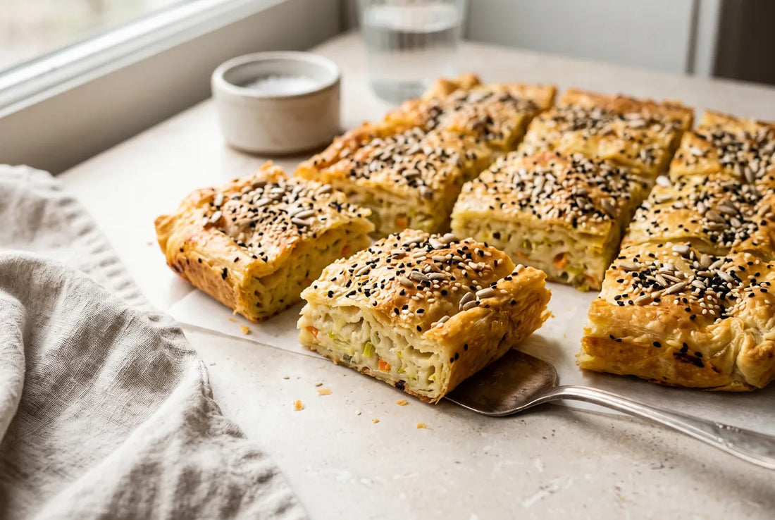Crispy gluten-free leek and carrot borek made without pastry sheets.