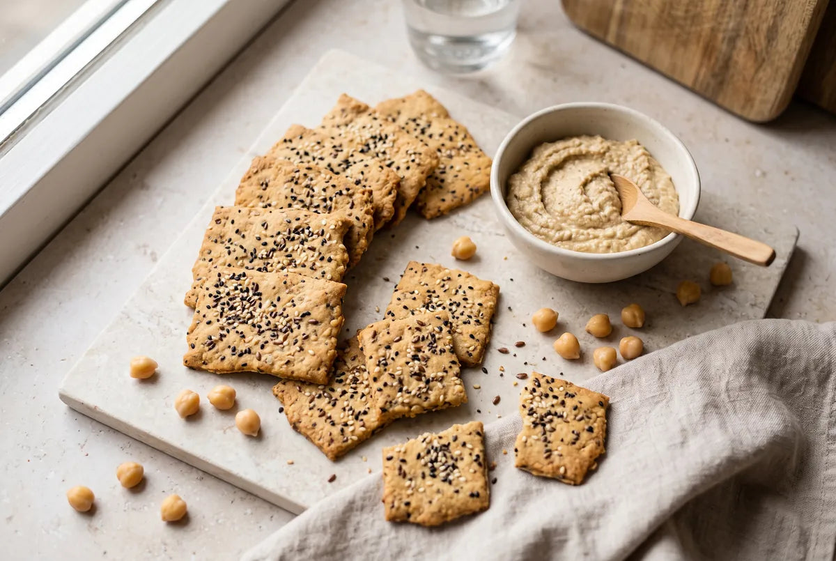 Gluten-free chickpea and seed crackers rich in protein, fibre and healthy fats.
