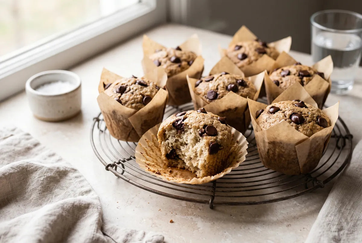 Fluffy gluten-free kefir chocolate-chip cake, baked as muffins in the air fryer.