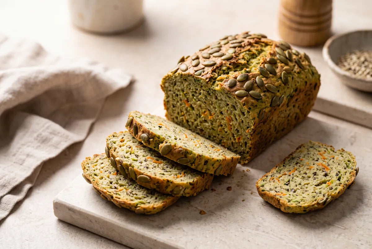 Gluten-free protein bread built on zucchini flesh and sprouted legume flour.