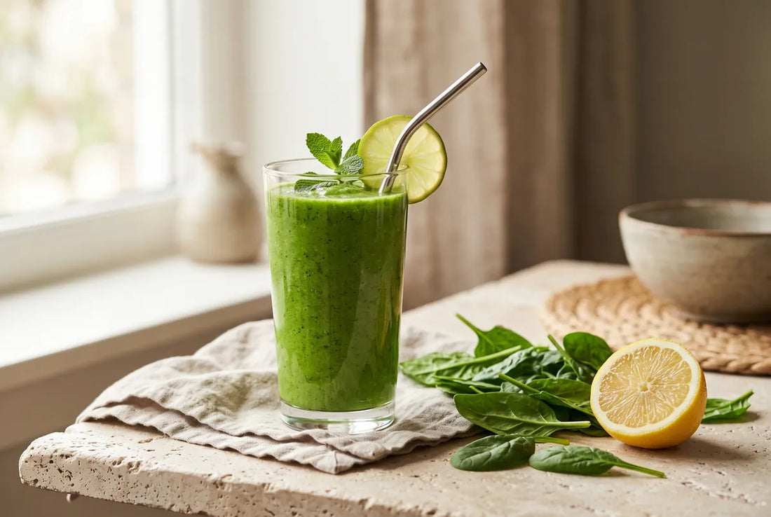 Bright green detox smoothie of spinach, banana and citrus.