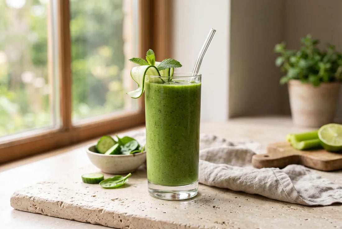 Green smoothie with spinach, cucumber, celery, banana and pineapple.