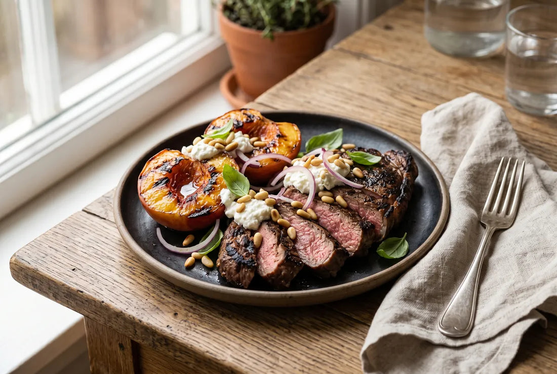 Pan-grilled steak with caramelised peaches, curd cheese, red onion and pine nuts.
