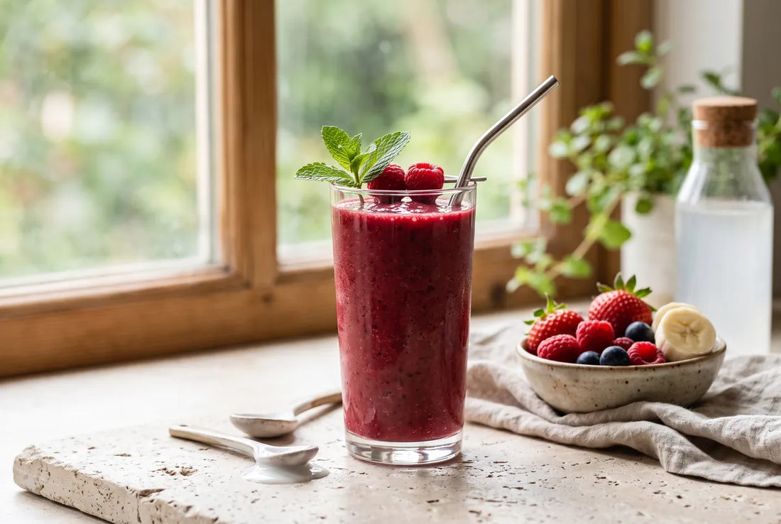 Restorative smoothie with banana, spinach, red berries, coconut water and yogurt.