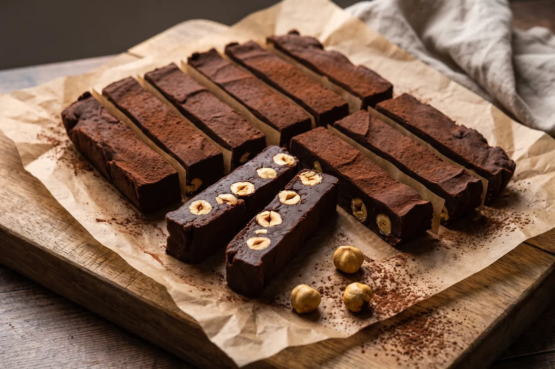 Dark chocolate hazelnut fudge bars on a wooden board, toasted hazelnuts visible in the cut edge.