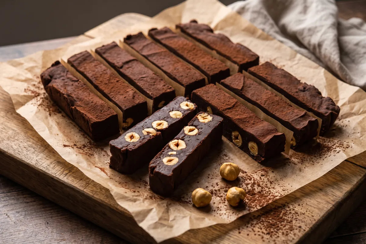 Dark chocolate hazelnut fudge bars on a wooden board, toasted hazelnuts visible in the cut edge.