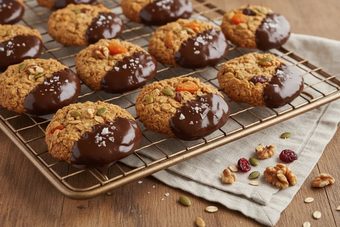 Granola oat cookies on a cooling rack, half-dipped in dark chocolate and sprinkled with flaky salt.