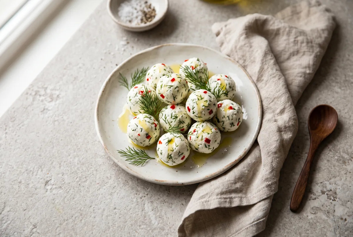 Curd cheese balls rolled with dill and red pepper.
