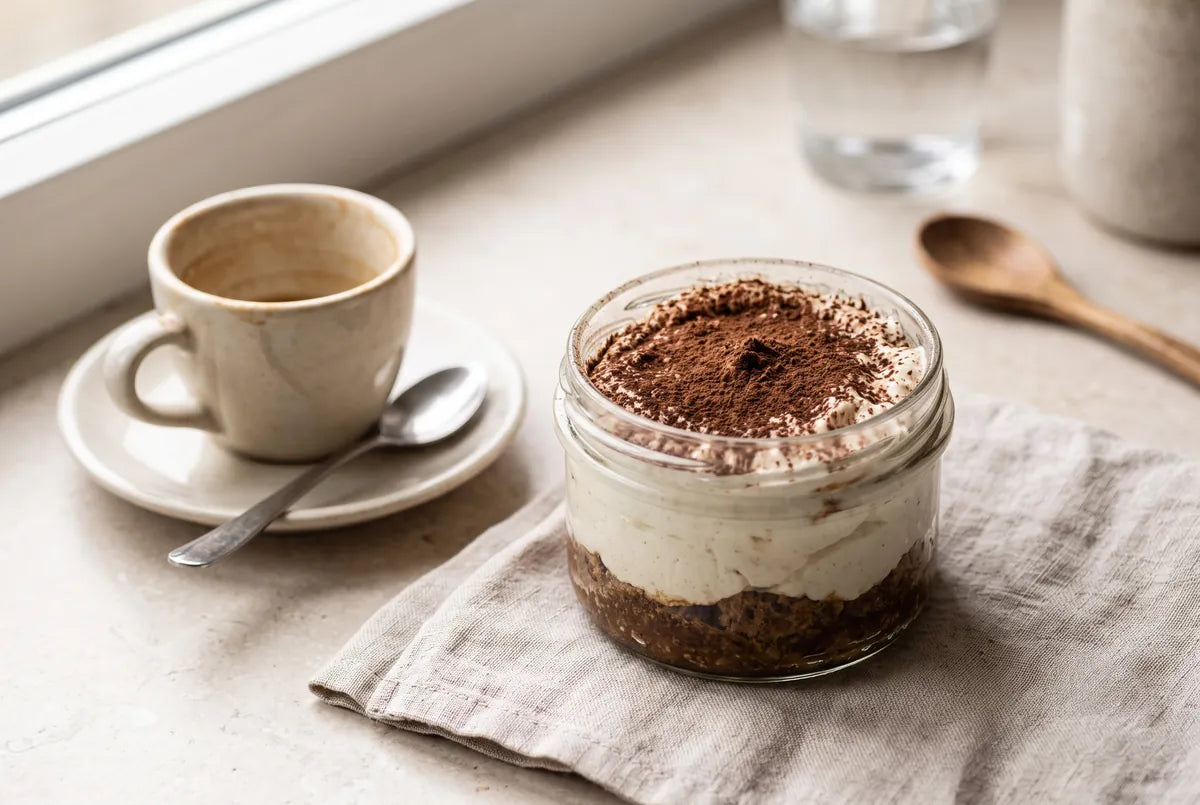 Single-serve protein tiramisu with coffee-soaked oats and a creamy protein layer.