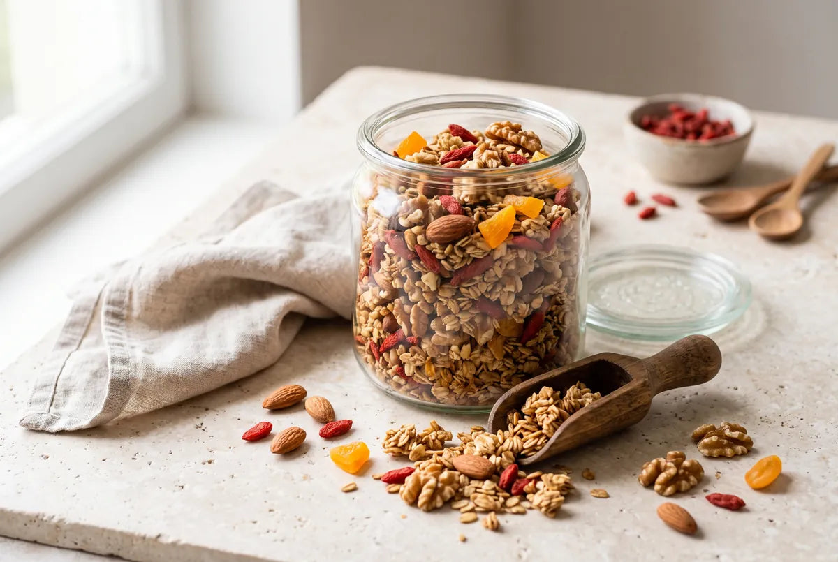 Homemade granola sweetened with carob molasses and dried fruit, no honey or sugar.