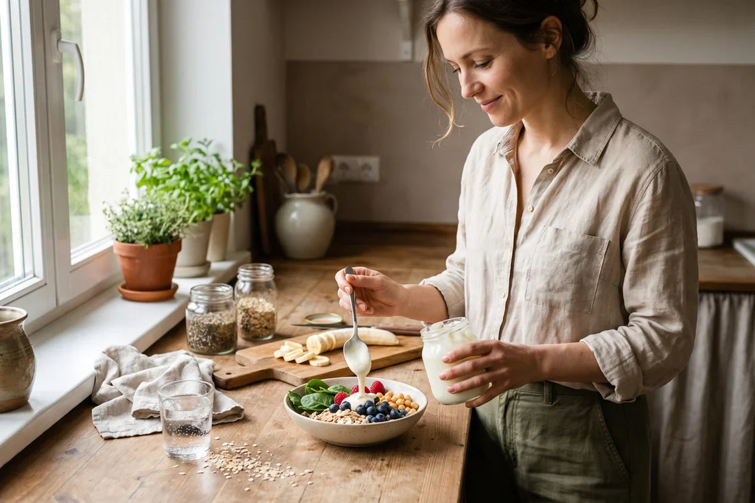 A woman in a bright kitchen preparing a colourful, plant-rich plate with yoghurt, oats and vegetables.