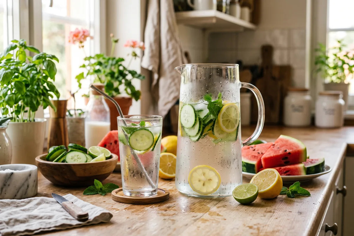 Glass jug and glass of infused water with cucumber, lemon and mint beside sliced watermelon and citrus
