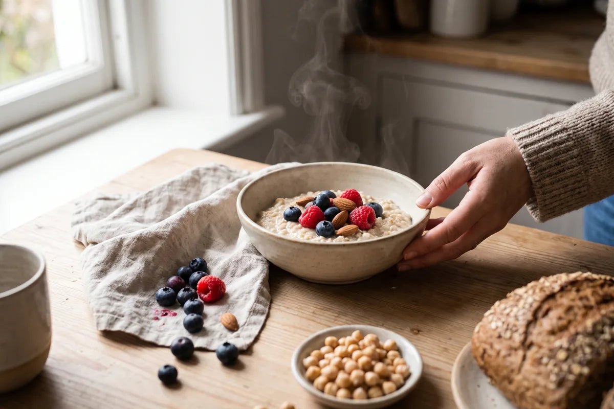 Woman's hand holding a bowl of porridge oats topped with berries and almonds, with chickpeas and a wholegrain loaf on a sunlit kitchen table.