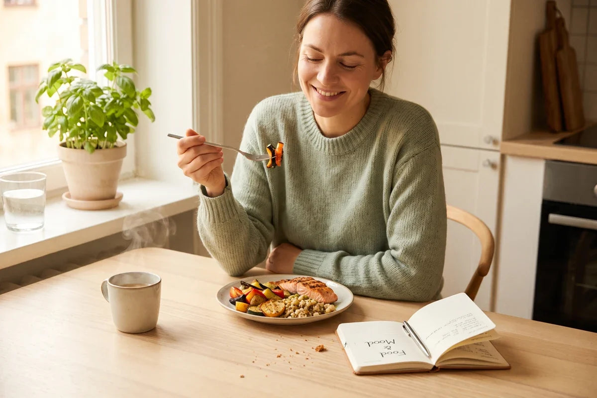 Woman in a bright kitchen enjoying a colourful balanced meal with a food-and-mood journal beside her