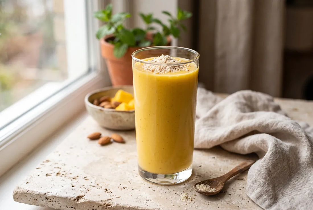 Tropical mango, melon and pineapple smoothie with ground almonds and almond milk.