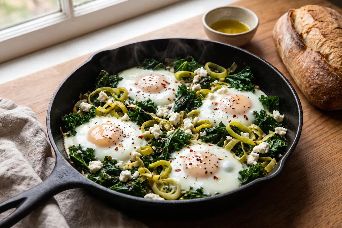 Baked eggs in a skillet with wilted kale, leeks and crumbled feta