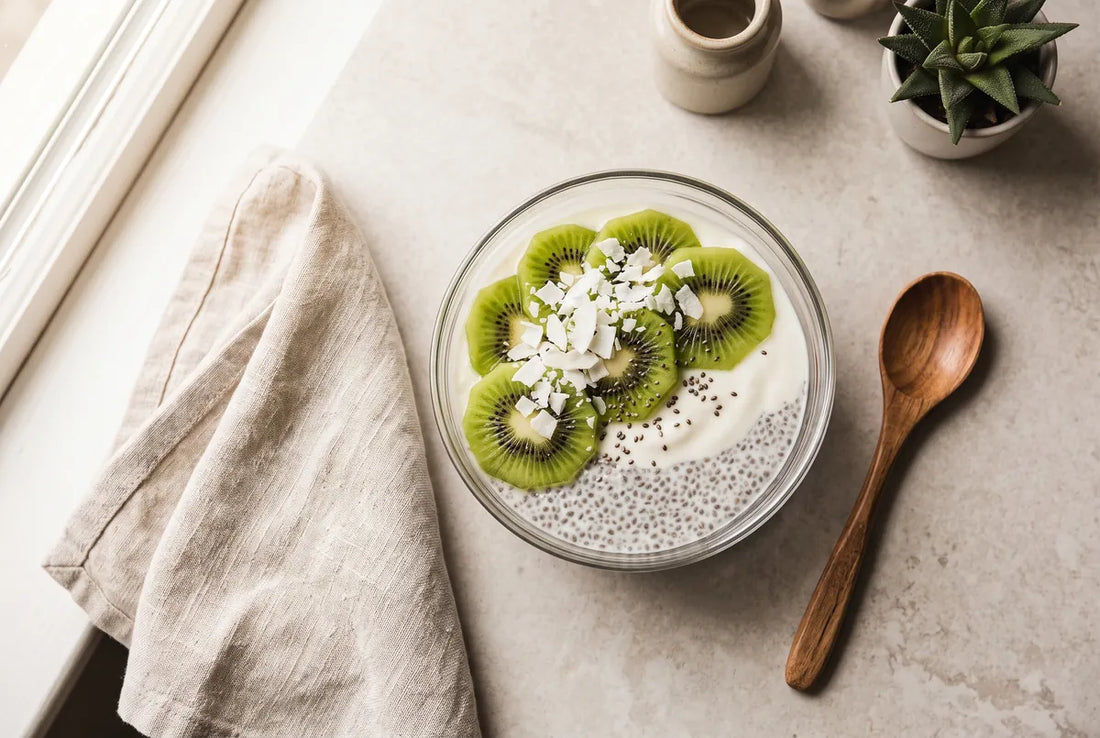 Overnight chia pudding layered with kiwi puree and fresh kiwi slices.