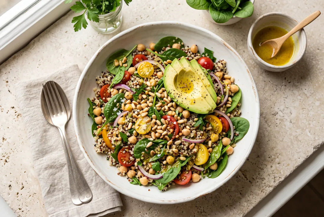 Quinoa and chickpea salad with spinach, avocado and a lemon-turmeric dressing.