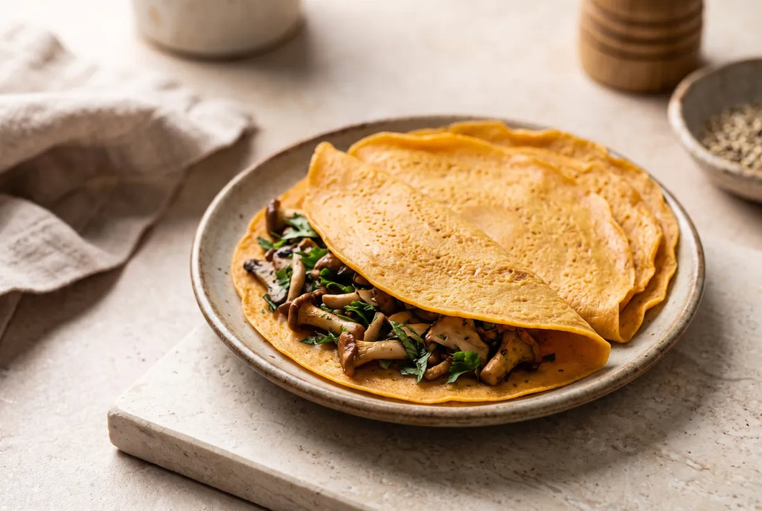 Two-ingredient red lentil crepes, naturally gluten-free plant protein.