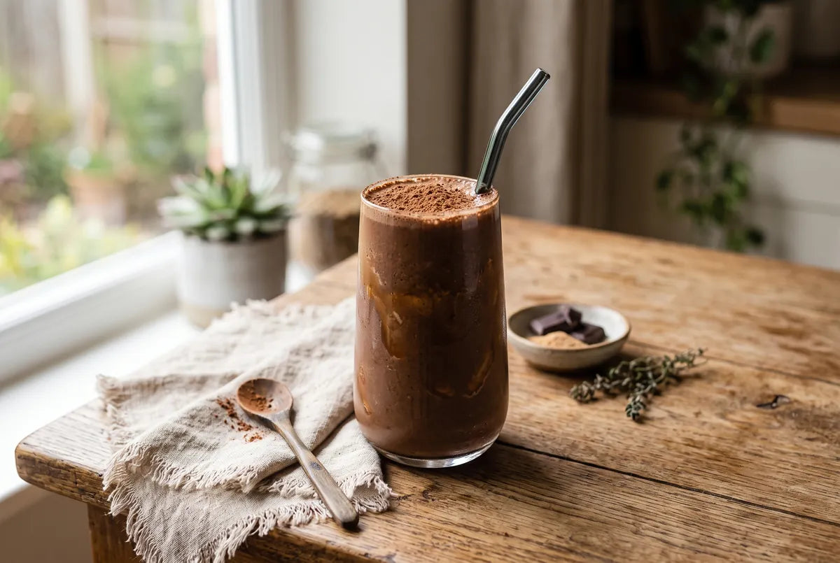 Chocolatey caramel smoothie with banana and mesquite in a tall glass.