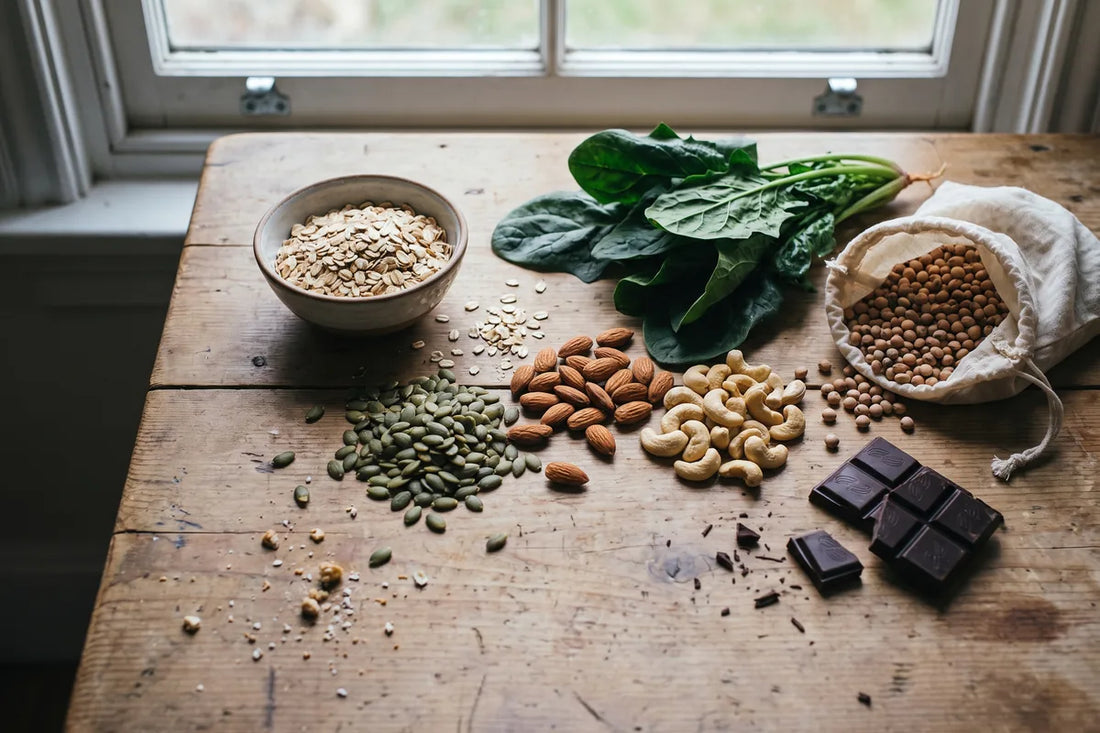 Magnesium-rich whole foods on a wooden table: oats, spinach, pumpkin seeds, almonds, cashews, legumes and dark chocolate