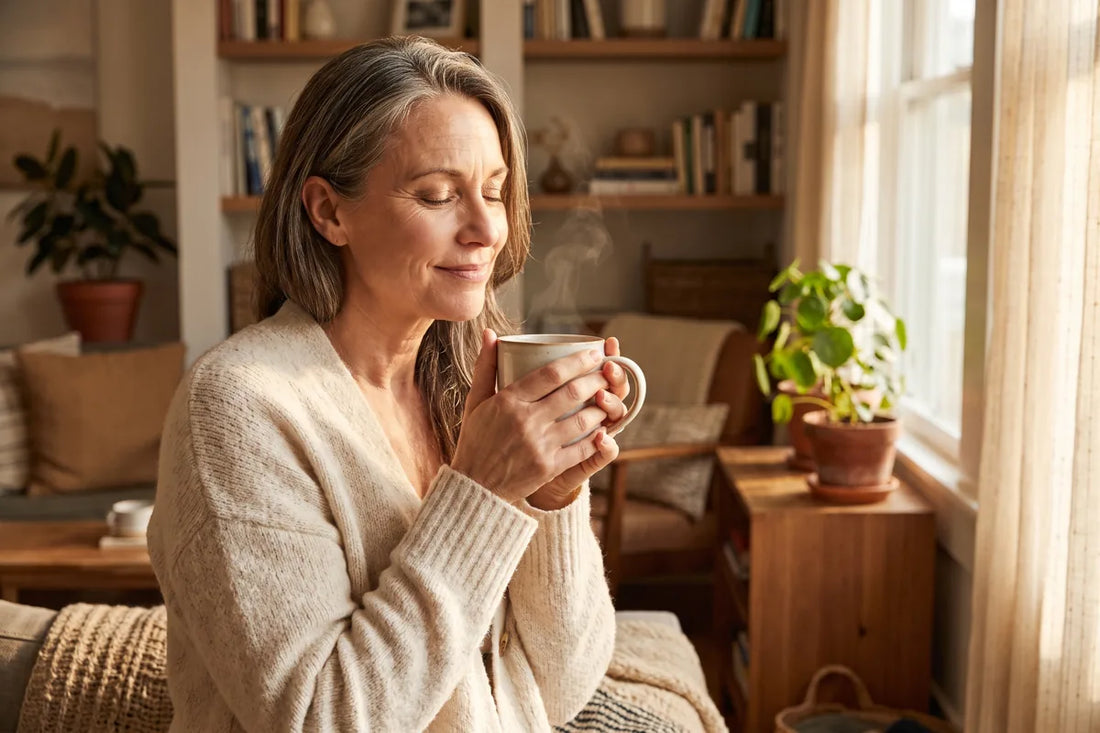 Calm woman in her fifties pausing with a cup of herbal tea by a sunlit window