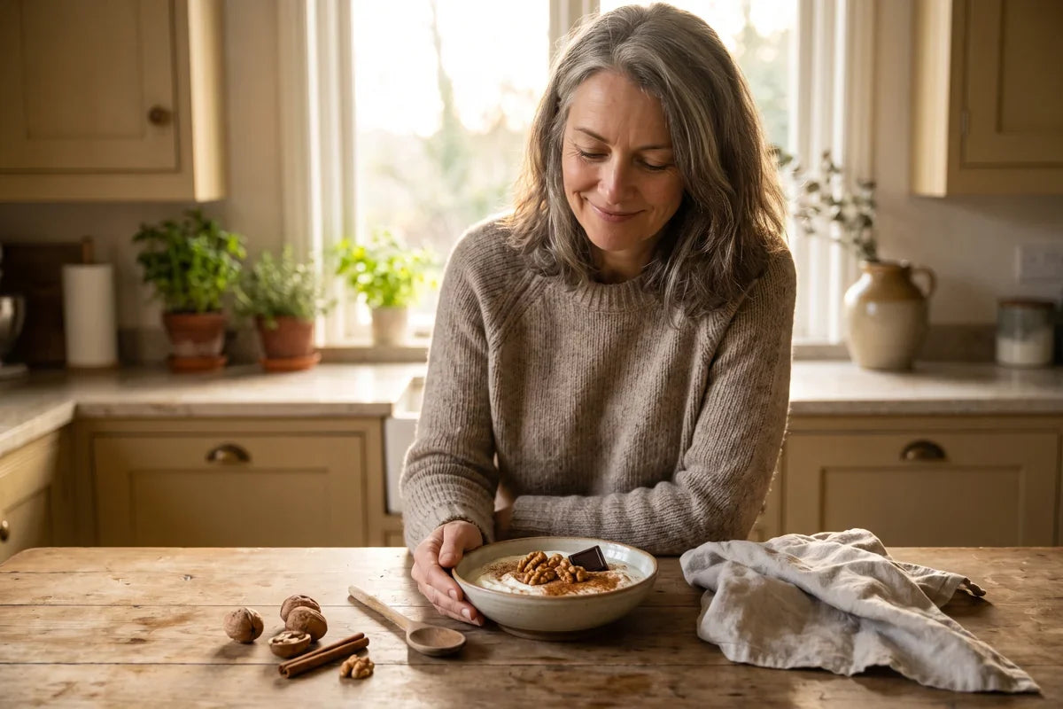 A calm woman around 50 in a bright kitchen preparing yoghurt topped with walnuts and dark chocolate.