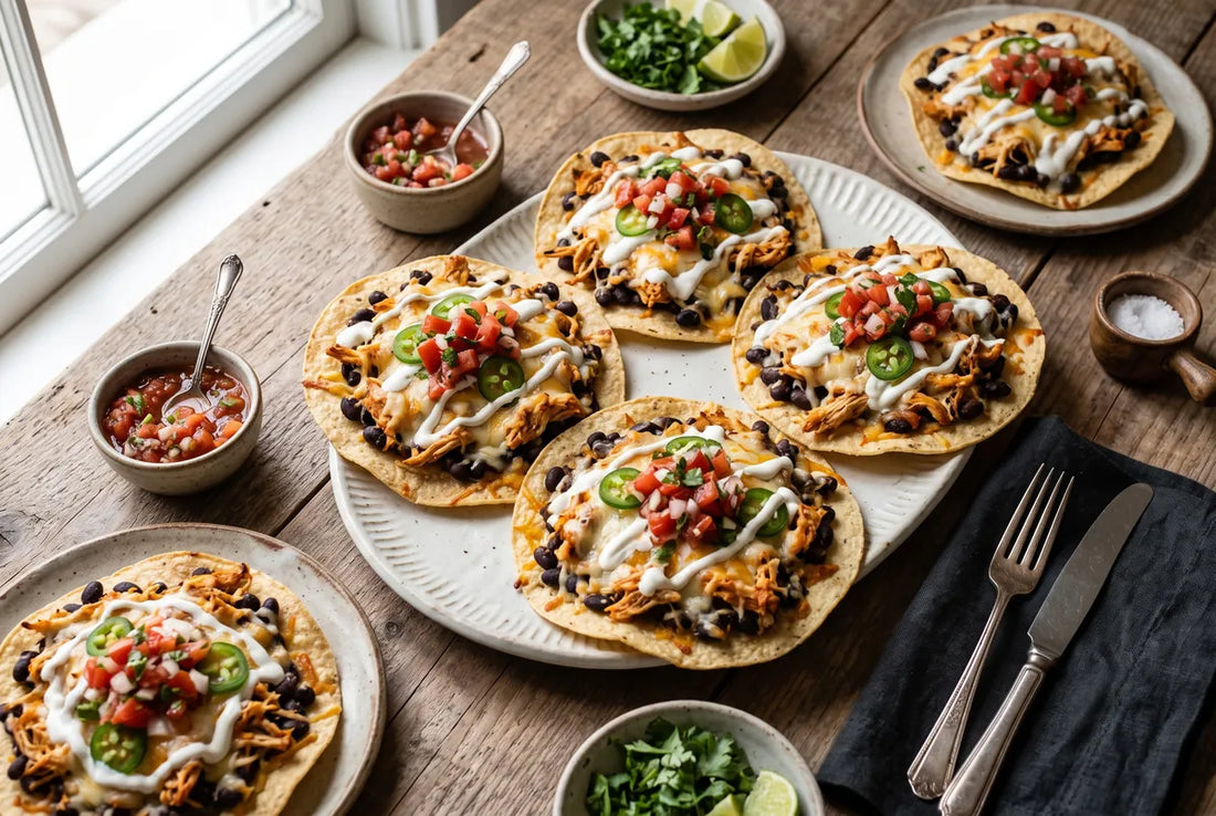 Loaded tortilla-chip pizzas with black beans, chicken, melted cheese and jalapeno.