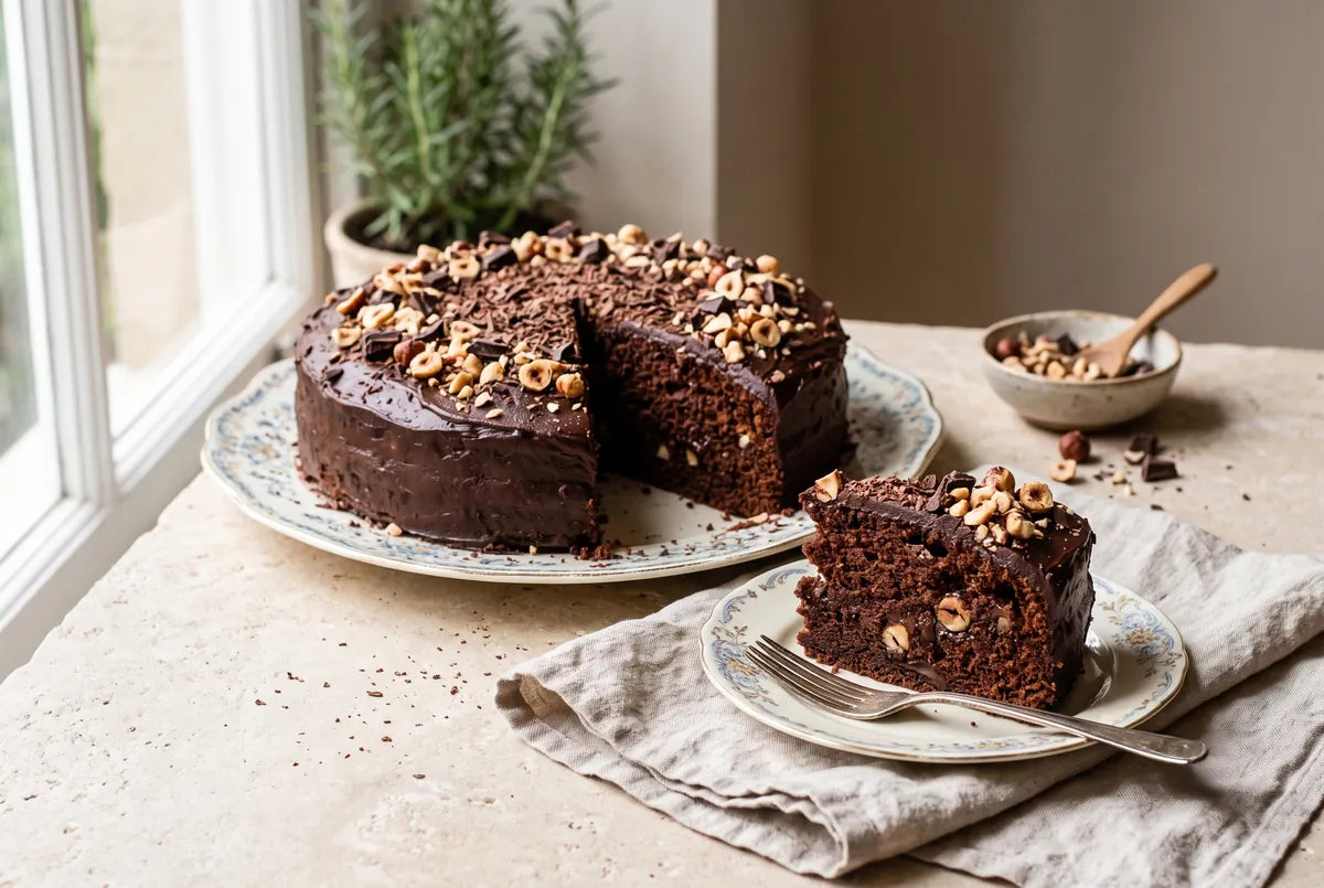 Sliced chocolate hazelnut cake served with a milky coffee.