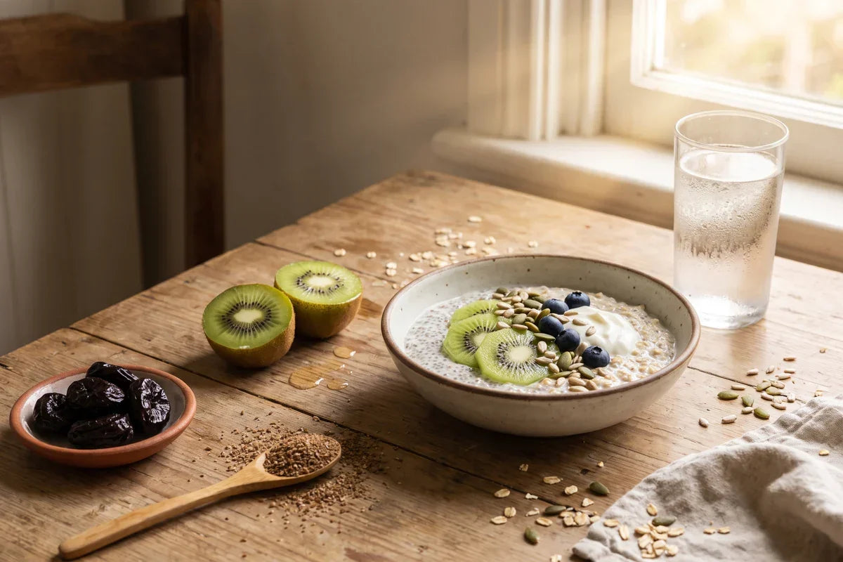 High-fibre breakfast bowl with kiwi, blueberries and seeds beside halved kiwifruit, prunes, ground flaxseed and water