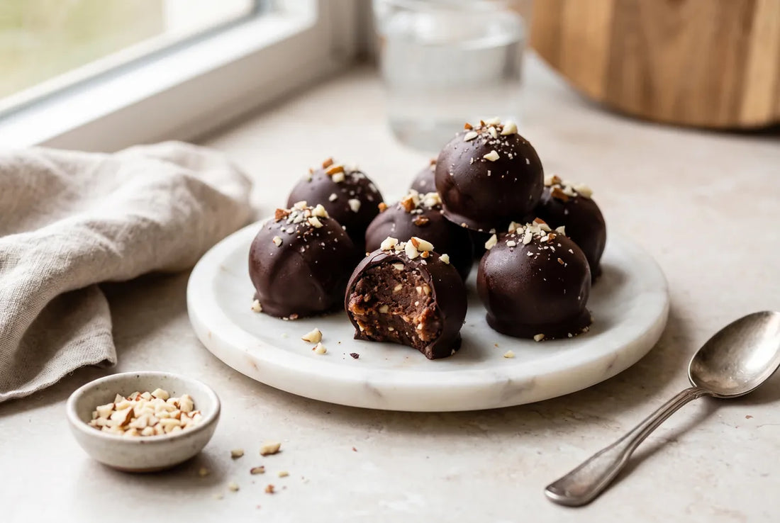 Refined sugar-free chocolate date truffles with nuts, made for women over 40.